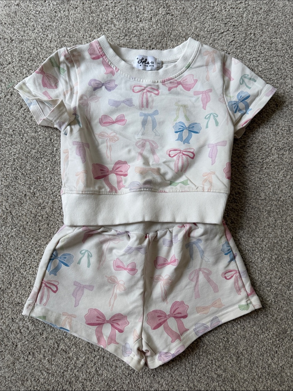 Lola and the Boys Short Sleeve Bow Print Set - White with Pastel Colors
